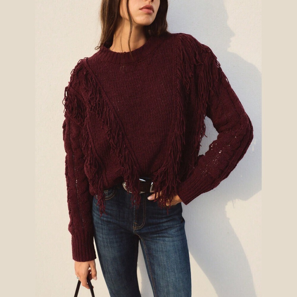 Burgundy Fringe Cable Trim Knit Crew Neck Oversized Sweater